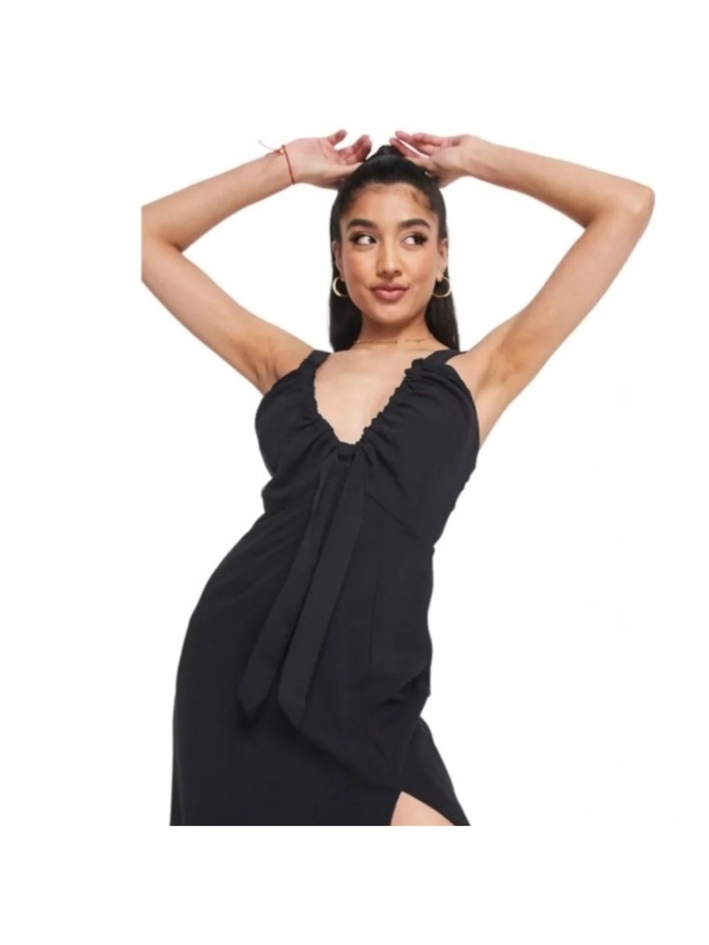 Abercrombie & Fitch Black Tie-Front V-Neck Midi Dress